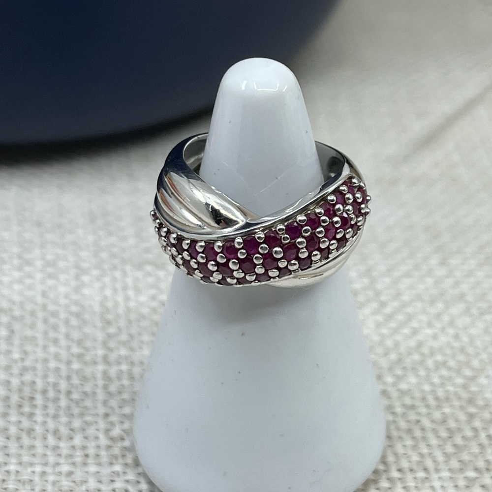 Vintage Estate Sterling Silver Wide Band Ring, Ruby Color Stones Size 5.75 - Picture 13 of 15